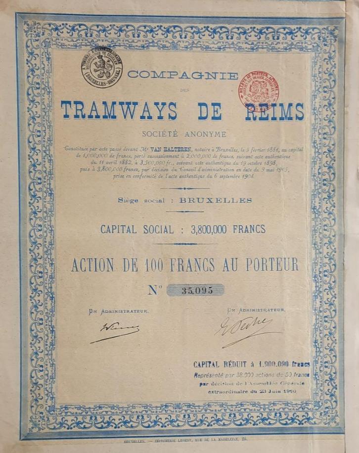 Tramways de Reims - Bruxelles - action de 100 francs - 1905, Postzegels en Munten, Aandelen en Waardepapieren, Aandeel, Voor 1920