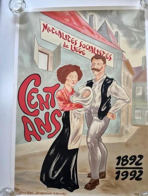 AFFICHE ORIGINALE 1992 « 100ans mutuelle Liégeoise Sosialis, Verzamelen, Posters, Zo goed als nieuw, Overige onderwerpen, Rechthoekig Staand