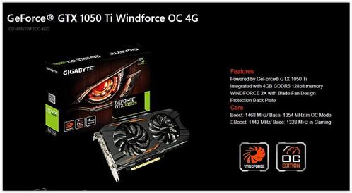 Gigabyte GeForce GTX 1050 Ti Windforce OC 4G, Informatique & Logiciels, Cartes vidéo, Utilisé, Nvidia, PCI-Express 3.0, GDDR5