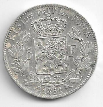 Belgique : 5 francs 1851 FR + point au-dessus de l'année (=, Monnaie en vrac, Argent, Argent, Envoi
