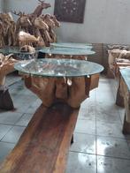 table en teck plusieurs modèles dispos avec plateau en verre, Ophalen