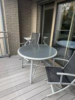 Terrastafel met 2 stoelen en 2 fauteuils+ kussens, Ophalen, Gebruikt, 6 zitplaatsen, Aluminium