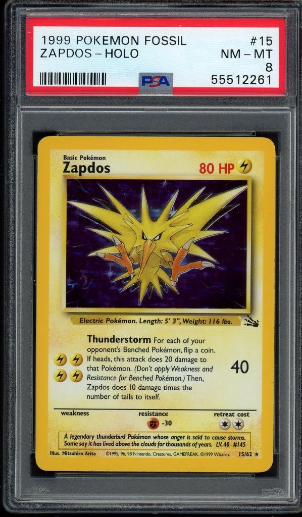 Zapdos Holo PSA 8 - 15/62 - Fossil 1999, Hobby en Vrije tijd, Verzamelkaartspellen | Pokémon, Zo goed als nieuw, Losse kaart, Foil