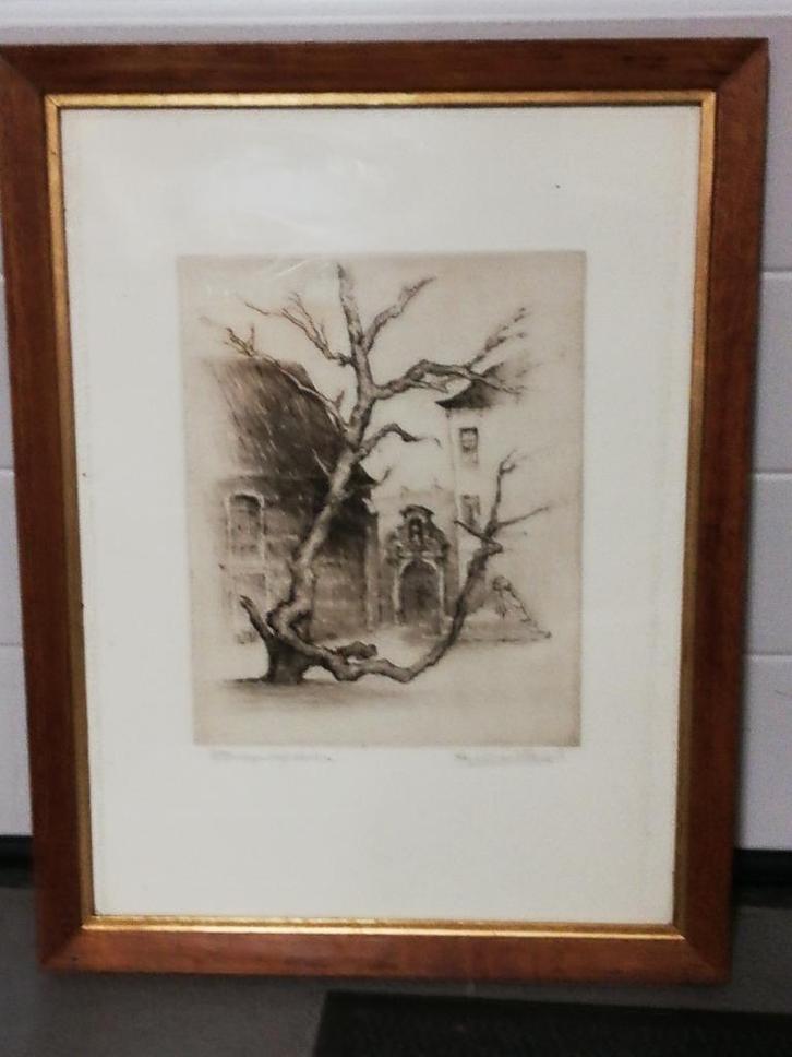 G. Langie: ets: 'Begijnhofdries', Gentse kunstenaar, Antiek en Kunst, Kunst | Etsen en Gravures, Ophalen of Verzenden