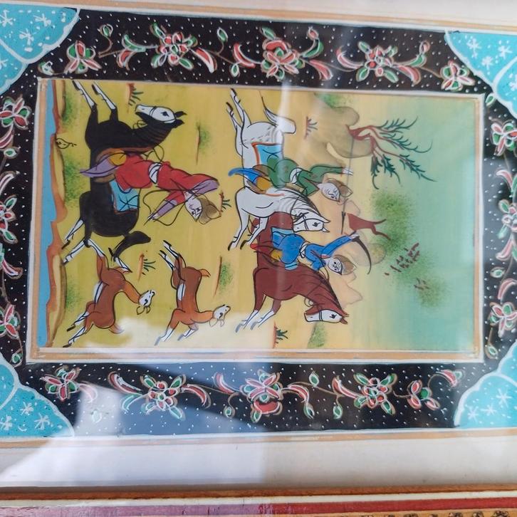 antiek Perzisch jachttafereel schilderij, Antiek en Kunst, Kunst | Niet-Westerse kunst, Ophalen of Verzenden