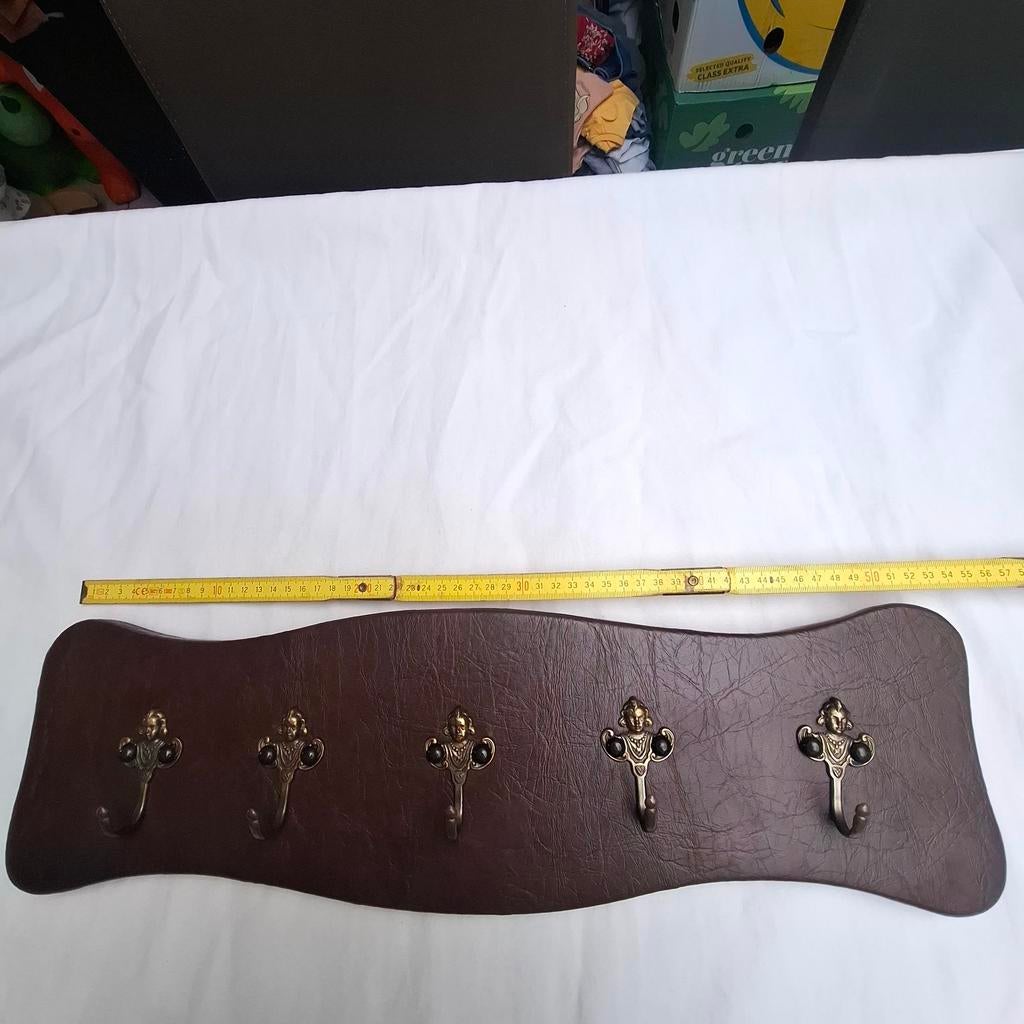 Porte-manteau vintage en cuir avec 5 crochets en laiton, Enlèvement ou Envoi