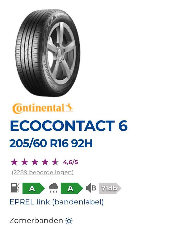 205 60 R16 Continental EcoContact 6 Nieuw Zomer, Auto-onderdelen, Overige Auto-onderdelen, Nieuw, Ophalen of Verzenden