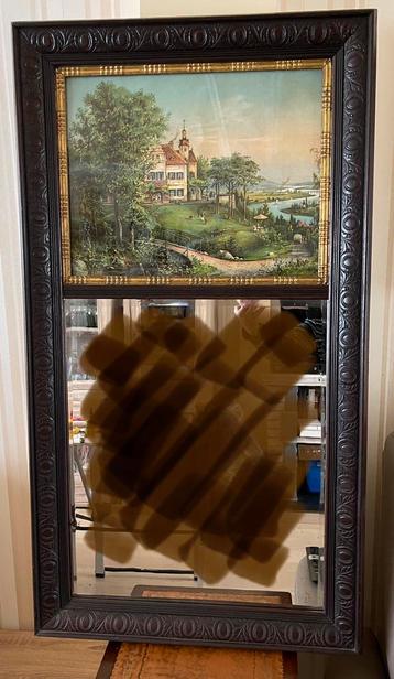 Antieke Duitse spiegel met oleografie, eind 19de eeuw beschikbaar voor biedingen