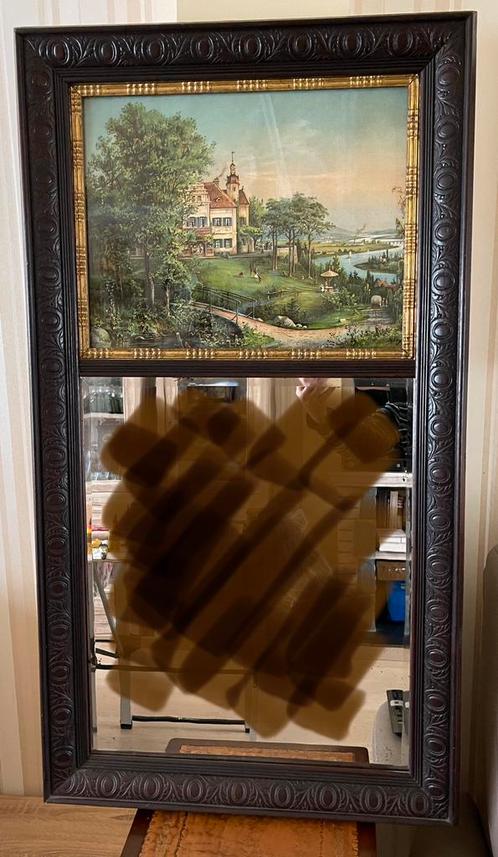 Antieke Duitse spiegel met oleografie, eind 19de eeuw, Antiek en Kunst, Antiek | Spiegels, Ophalen