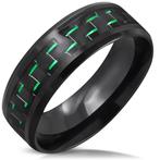 Zwart stalen mannen ring met carbon inlay groen, IJzer of Staal, Zwart, Heer, Nieuw