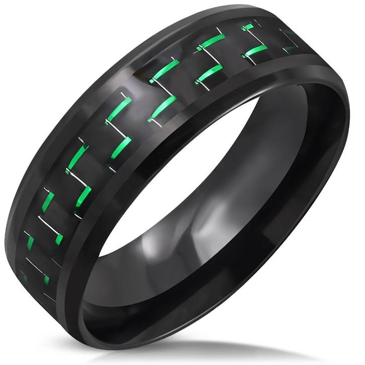 Zwart stalen mannen ring met carbon inlay groen, Handtassen en Accessoires, Ringen, Nieuw, Heer, Zwart, IJzer of Staal, Ophalen of Verzenden