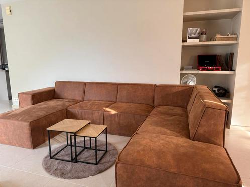 Hoekbank cognac leer, Huis en Inrichting, Zetels | Complete zithoeken, Zo goed als nieuw, Leer, Ophalen