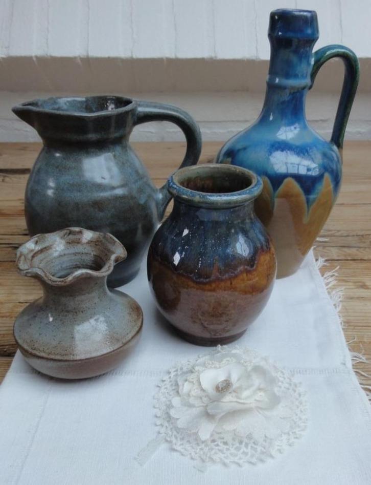 Div. Franse blauw/bruine potterie, kruik, kan, pot & vaasje, Antiquités & Art, Curiosités & Brocante, Enlèvement ou Envoi