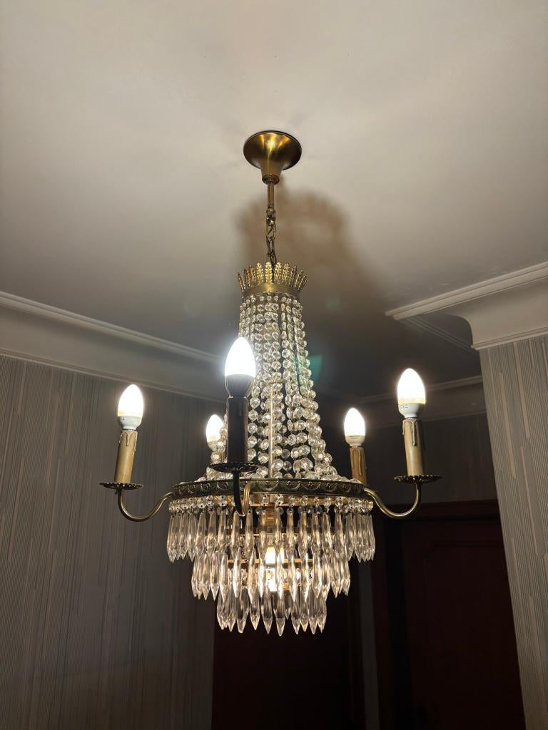 Klassieke kristallen kroonluchter 5 armen – werkend – €60, Ophalen, Gebruikt