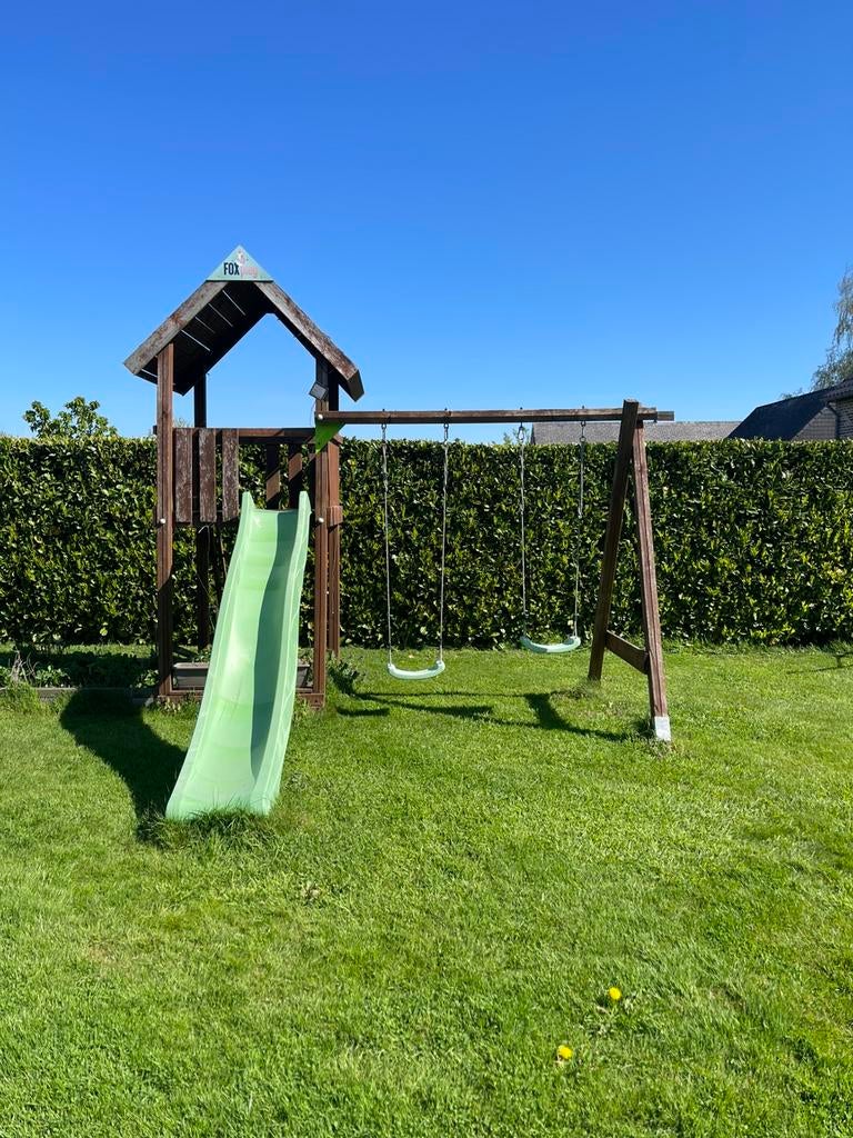 Portique bois Fox Play Baltimore avec tour + toboggan, Kinderen en Baby's, Speelgoed | Buiten | Speeltoestellen, Gebruikt, Glijbaan
