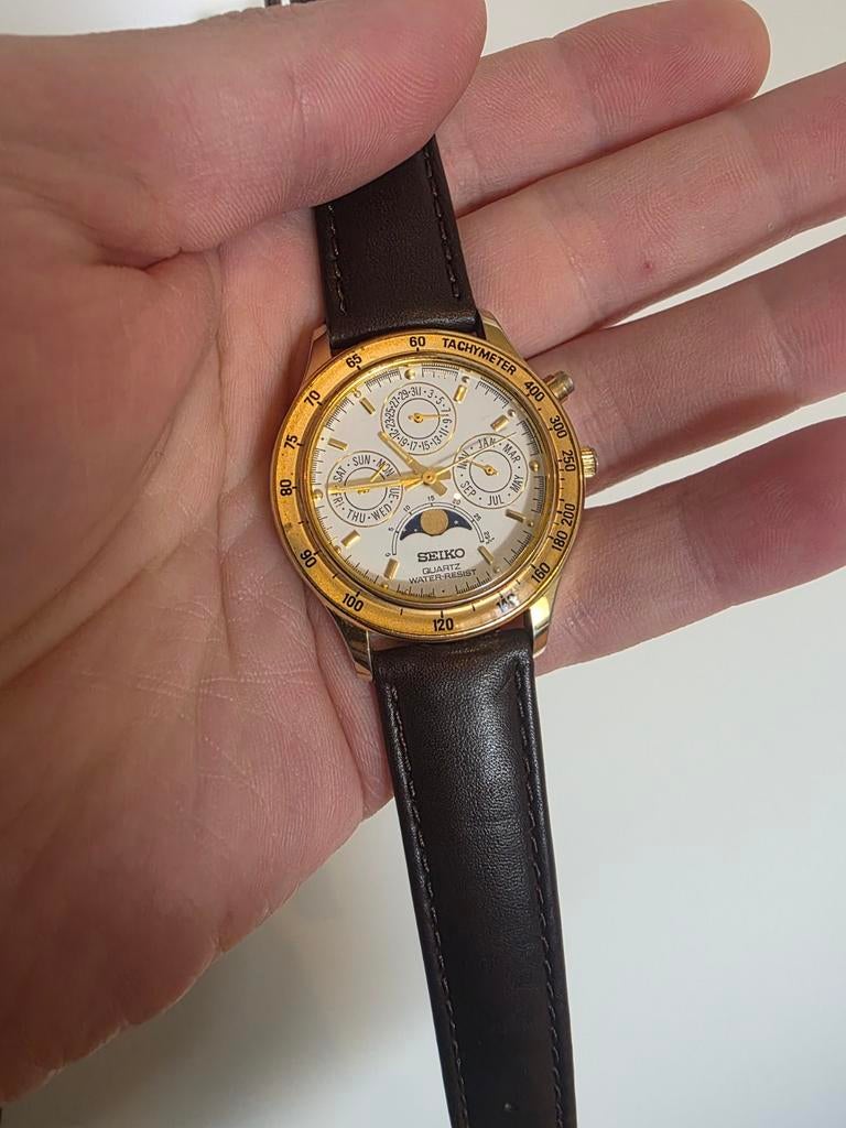 Montre à quartz Seiko Moon Phase, Montre-bracelet, Seiko, Enlèvement ou Envoi, Cuir