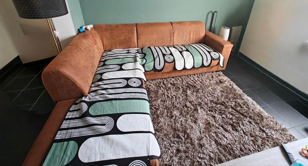 Hoekzetel met lounge + poef Prijs overeen te komen, Huis en Inrichting, Zetels | Complete zithoeken, Ophalen, Gebruikt, Stof