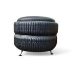 Vintage Poef Met Opbergruimte Op Pootjes, Zwart Skai, Minder dan 50 cm, Gebruikt, Rond, Minder dan 50 cm