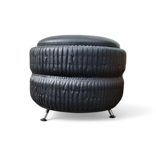 Vintage Poef Met Opbergruimte Op Pootjes, Zwart Skai, Huis en Inrichting, Zetels | Voetbanken en poefs, Gebruikt, Minder dan 50 cm