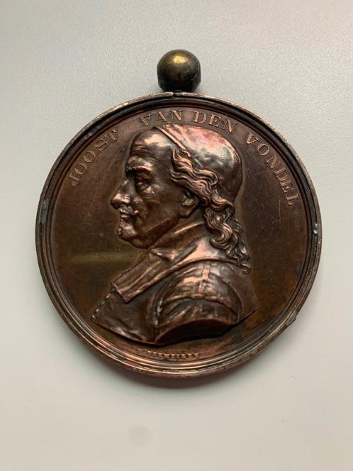 Mooie bronzen medaille Joost Van Den Vondel -1887 -Antwerpen, Antiek en Kunst, Curiosa en Brocante, Ophalen of Verzenden