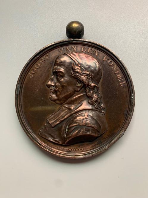 Mooie bronzen medaille Joost Van Den Vondel -1887 -Antwerpen, Antiek en Kunst, Curiosa en Brocante, Ophalen of Verzenden