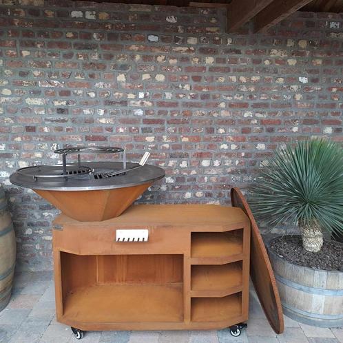BBQ keukenmodel in cortenstaal met bakplaat 85 of 100cm, Tuin en Terras, Houtskoolbarbecues, Nieuw, Met accessoires, Ophalen of Verzenden