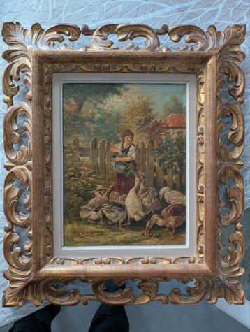 Antiek schilderij met meisje dat ganzen voedert.  beschikbaar voor biedingen