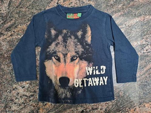 Mt 92 Donkerblauwe T-shirt lange mouwen wolf 'wild getaway', Kinderen en Baby's, Kinderkleding | Maat 92, Zo goed als nieuw, Jongen