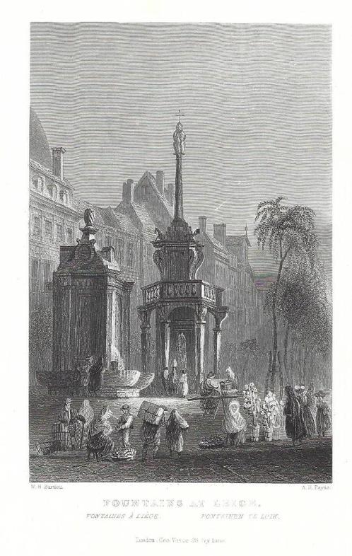 1837 - Liège - les fontaines, Antiek en Kunst, Kunst | Etsen en Gravures, Verzenden