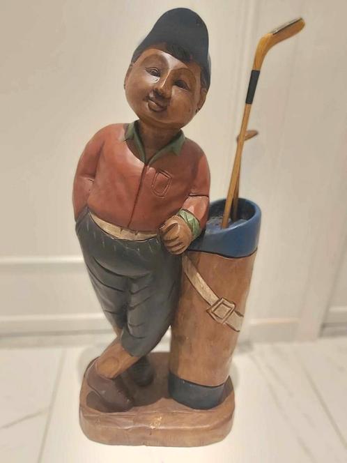 Golfer/Caddy Houten Standbeeld Golfen.  Een prachtig en oud, Antiquités & Art, Art | Sculptures & Bois, Enlèvement ou Envoi