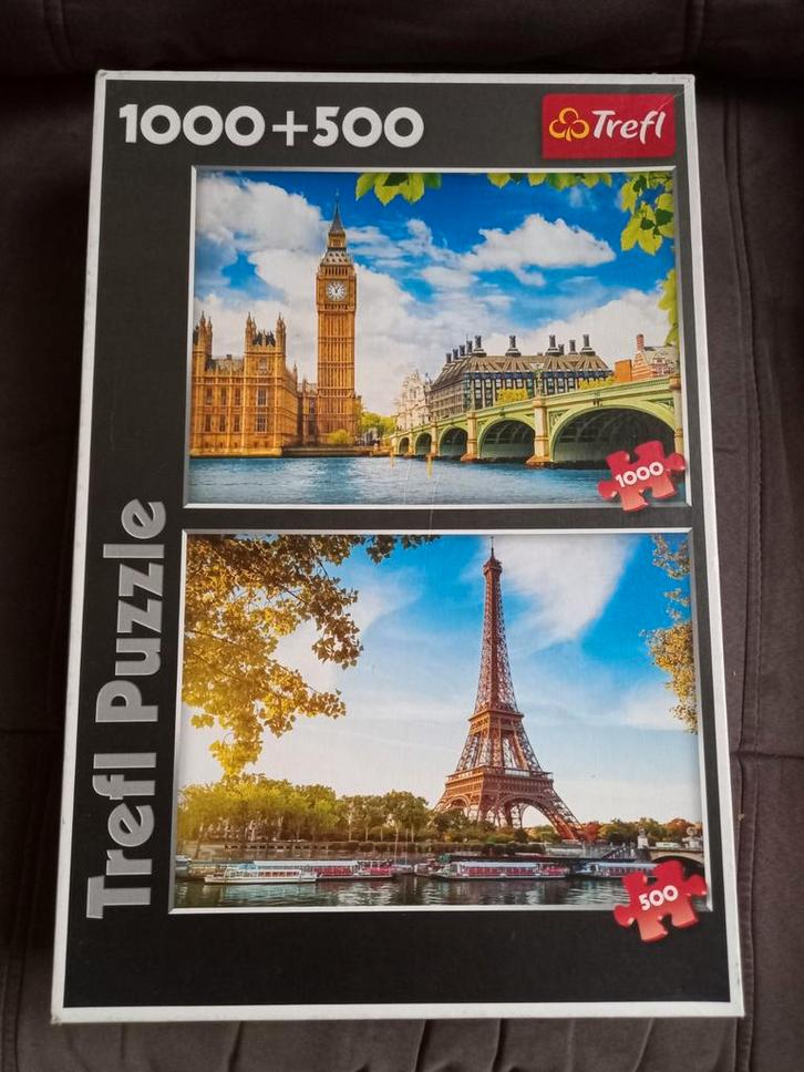 Trefl 1000+500 stuks - Parijs & Londen, Hobby en Vrije tijd, Denksport en Puzzels, Gebruikt, Legpuzzel, 500 t/m 1500 stukjes, Ophalen of Verzenden