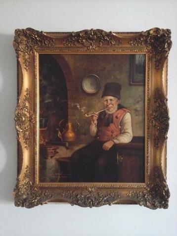 MOOI OUD SCHILDERIJ  " OUDE MAN MET PIJP " IN BAROKKE LIJST. beschikbaar voor biedingen