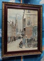 superbe aquarelle mannekenpis et rue de l'étuve enneigée, Antiquités & Art, Art | Peinture | Classique, Enlèvement ou Envoi