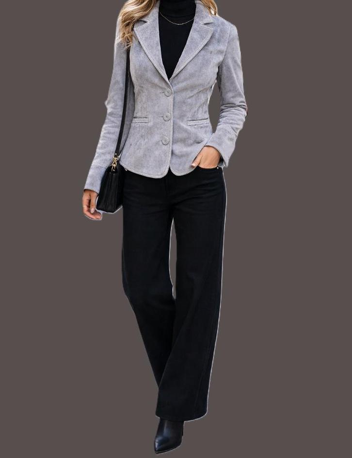 Oakwood leren blazer maat XS/S, Kleding | Dames, Jasjes, Kostuums en Pakken, Gedragen, Jasje, Maat 34 (XS) of kleiner, Grijs, Ophalen of Verzenden