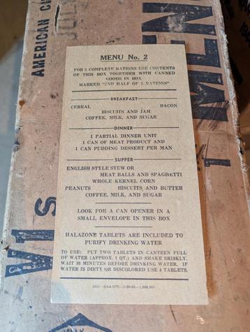 Menu papier carton de ration us ww2 First Half, second half, Collections, Objets militaires | Seconde Guerre mondiale, Envoi, Armée de terre