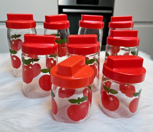 Set van 9 vintage voorraadpotten Gulf - met appeltjes, Huis en Inrichting, Keuken | Servies, Zo goed als nieuw, Glas, Ophalen of Verzenden