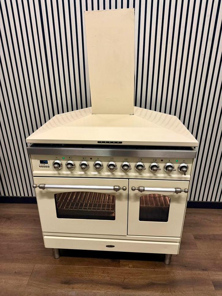 Luxe Boretti Fornuis creme 6 pits Incl. Afzuigkap 90 cm, Elektronische apparatuur, Ovens, Refurbished, Vrijstaand, Oven met grill