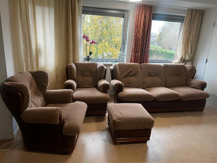 Sofa Set – 3-zit + 2 Fauteuils + Poef | Leder & Beige Stof, Huis en Inrichting, Zetels | Zetels, Gebruikt, Rechte bank, Overige maten