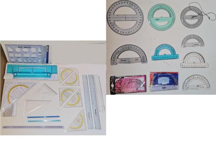 26 Plexi meetinstrumenten, tekenlatten, gradenbogen etc..., Hobby en Vrije tijd, Tekenen, Zo goed als nieuw, Overige typen, Verzenden