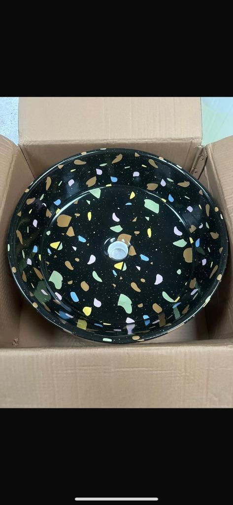 Lavabo Terrazo Zwart Rond, Huis en Inrichting, Badkamer | Badkamermeubels, Nieuw, Wasbak of Wastafel, Minder dan 100 cm, Minder dan 50 cm