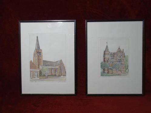 Schilderijen / tekeningen kerk & oude gemeentehuis Poppel, Maison & Meubles, Accessoires pour la Maison | Peintures, Dessins & Photos