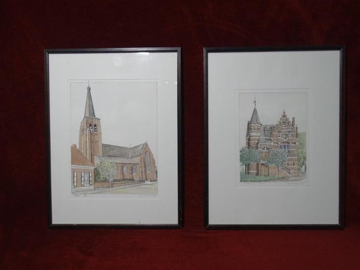 Schilderijen / tekeningen kerk & oude gemeentehuis Poppel, Huis en Inrichting, Woonaccessoires | Schilderijen, Tekeningen en Foto's