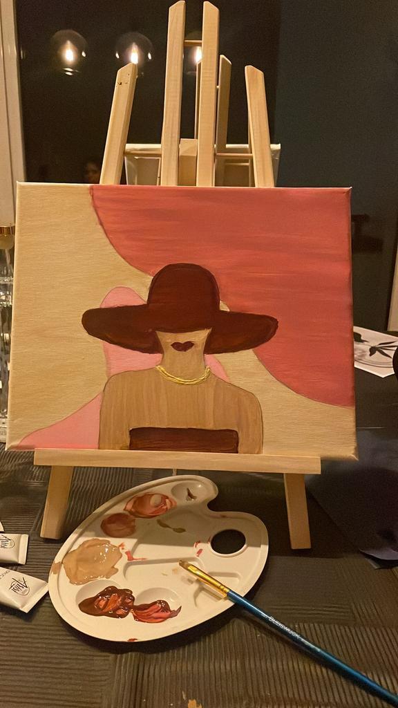 Kleurrijk schilderij “Vrouw met hoed”, Hobby en Vrije tijd, Schilderen, Zo goed als nieuw, Ophalen of Verzenden