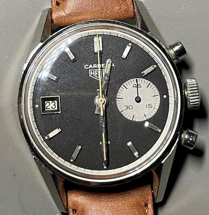 Montre Heuer Carrera Vintage, Handtassen en Accessoires, Horloges | Heren, Gebruikt, Polshorloge, TAG Heuer, Staal, Leer, Ophalen of Verzenden