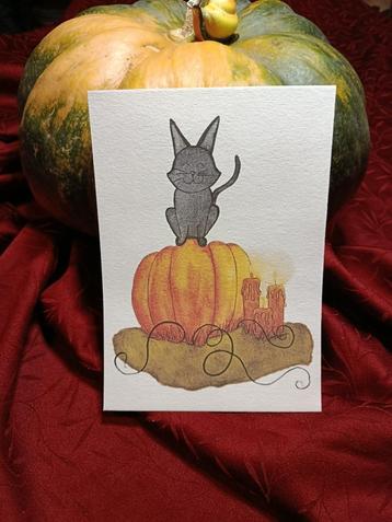 De ondeugende kat en de pompoen - Kunstdruk beschikbaar voor biedingen