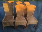 Zes rieten stoelen en bijpassende grenen tafel, Huis en Inrichting, Ophalen, Gebruikt, Bruin, Riet of Rotan