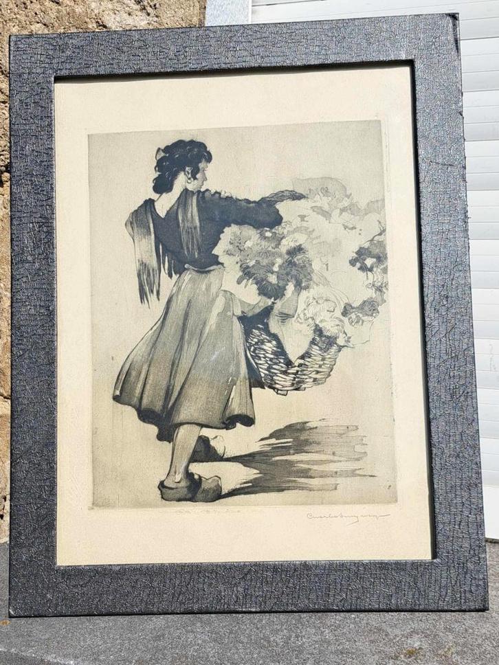 eau forte marchande de fleur signe charles swyncop, Antiek en Kunst, Kunst | Etsen en Gravures, Ophalen of Verzenden