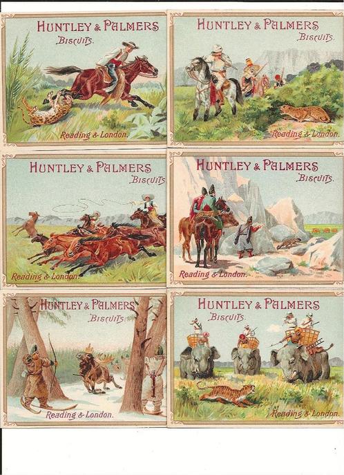 Chromo-Prints-Huntley&Palmers-Chasse-très ancien-6 pièces, Collections, Photos & Gravures, Comme neuf, Gravure, Autres sujets/thèmes