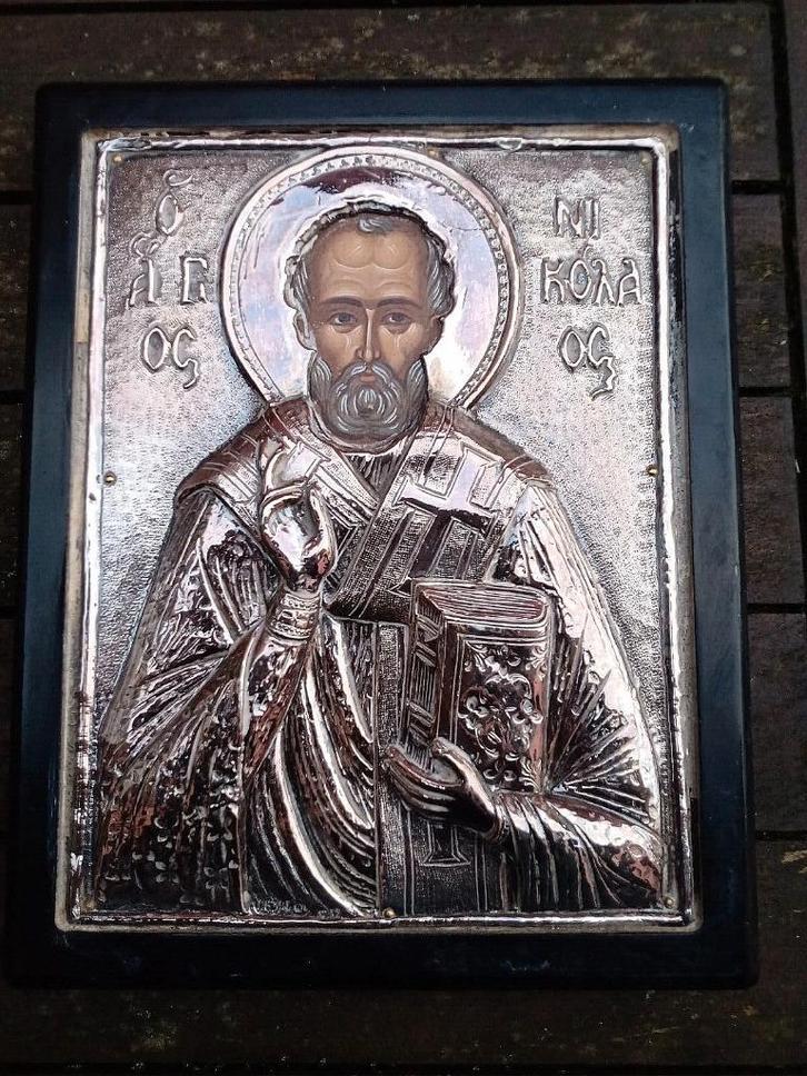 Icoon Sinterklaas zilver oud Griekenland Orthodox 1962, Antiek en Kunst, Antiek | Religieuze voorwerpen, Ophalen of Verzenden