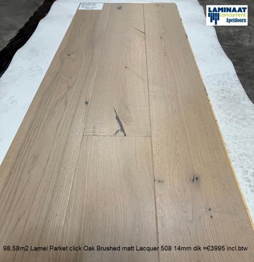 98,58m2 Lamel Parket click Matt Lacquer 508 14mm dik = €3995, Huis en Inrichting, Stoffering | Vloerbedekking, Nieuw, Parket, Beige